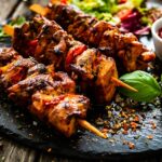 Shashlik - grilled meat and vegetables on stone plate on wooden table